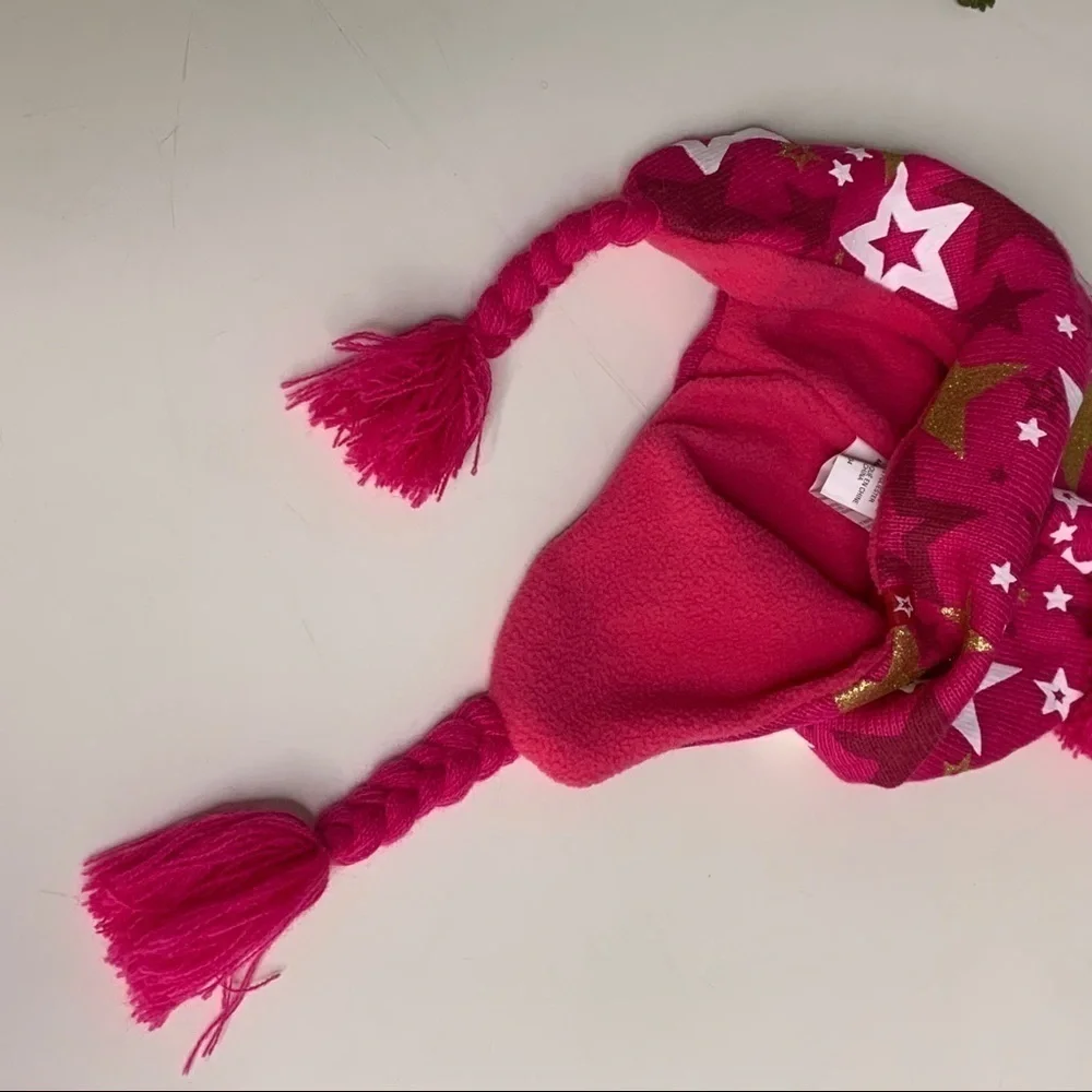 Pink metallic gold Star Pom Pom Winter Trapper Hat Ear Cover o/s